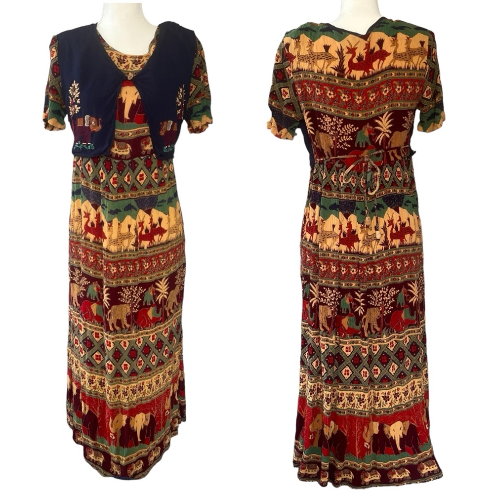 VTG 90s jasmine petite pleated elephant maxi dress short sleeve women medium